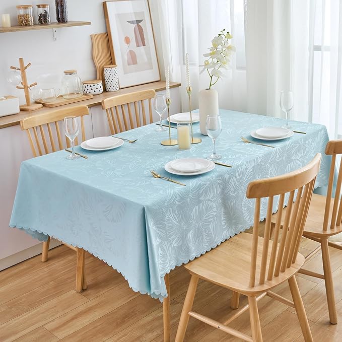 Rectangle Tablecloths Jacquard Table Cloth Leaves Pattern Silky Soft Waterproof Washable Light Blue Oblong Table Cover for Kitchen Dining Birthday Party Banquet Decor (60x84 Inch)