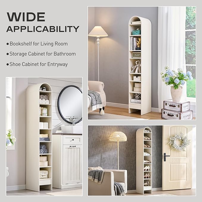 67" Tall Arched Bookshelf, 8 Tiers Arch Bookcase with Storage, Modern Farmhouse Book Shelf with Adjustable Shelves, Wood Bookshelf w/Open Display Shelves for Living Room, Office (Antique White)