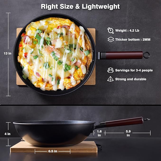 Carbon Steel Wok -13 Inch Woks & Stir-fry Pans Nonstick, Wok Pan with Lid Spatula and Dish Brush: Pre-Seasoned Flat Bottom Chinese Woks for Induction, Electric, Gas, All Stoves