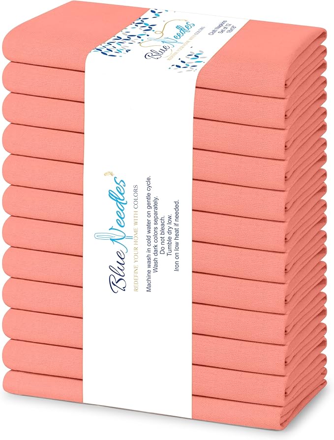 Blue Needles Solid Cloth Napkins Set of 12 Salmon 100% Cotton Dinner Napkins 18x18 inches - Soft, Reusable, Absorbent & Washable Linen, Ideal for Wedding Events, Parties & Everyday Use