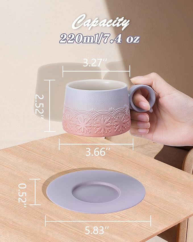 ZENS 7.3 Ounce Cappuccino Cups Set of 2, Artistic Embossed Ceramic Cappuccino Coffee Cups and Saucers, Double Espresso Cups Set of 2 for Au Lait, Matcha Latte or Tea, Women Gifts, Grey Pink