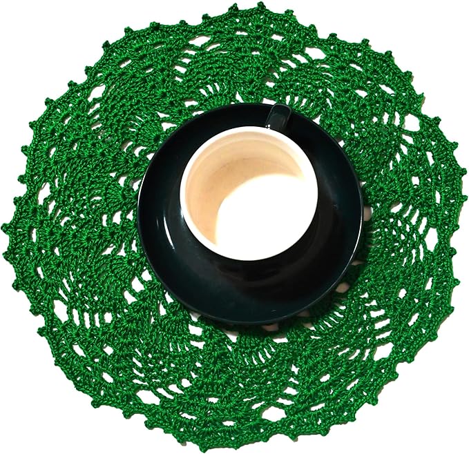 BIBITIME 2 PCS 11 inches to 12 inches Lace Doilies Crochet Handmade Lace Coasters Round Placemat Rustic Table Doilies Decors for Kitchen Dining Room Party Dressers (Green)