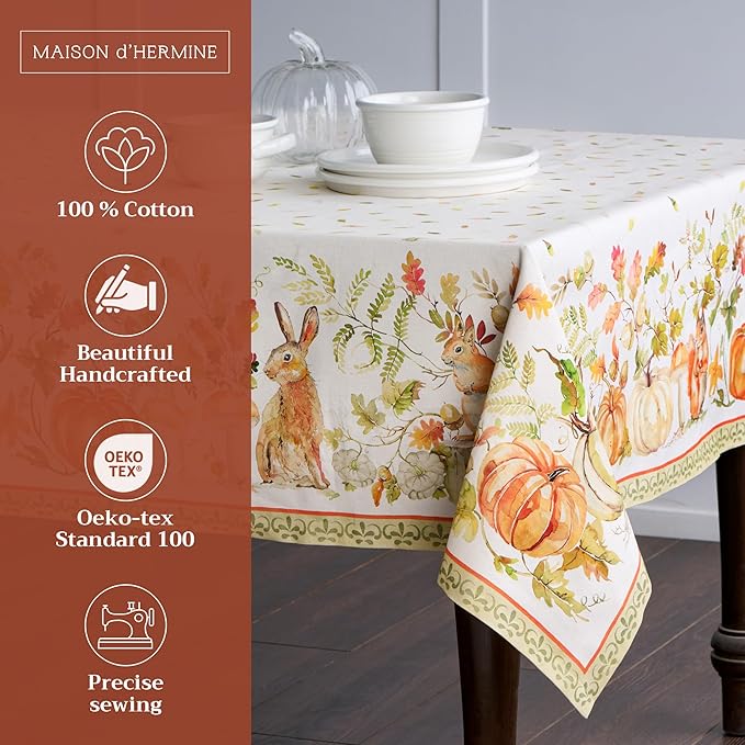 Maison d' Hermine Table Cloth Rectangle Table 100% Cotton 70 x 90 Inches Fall Tablecloth Reusable Everyday Use for Thanksgiving Christmas Decorations Dining Farmhouse Party (Pumpkin Passion)