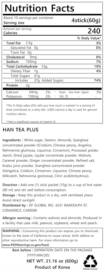 Damtuh Han Cha Korean Traditional Herbal Tea, Sweet & Spiced Instant Powder Mix with Jujube, Ginger & Cinnamon, 15g x 40 Sticks (600g)