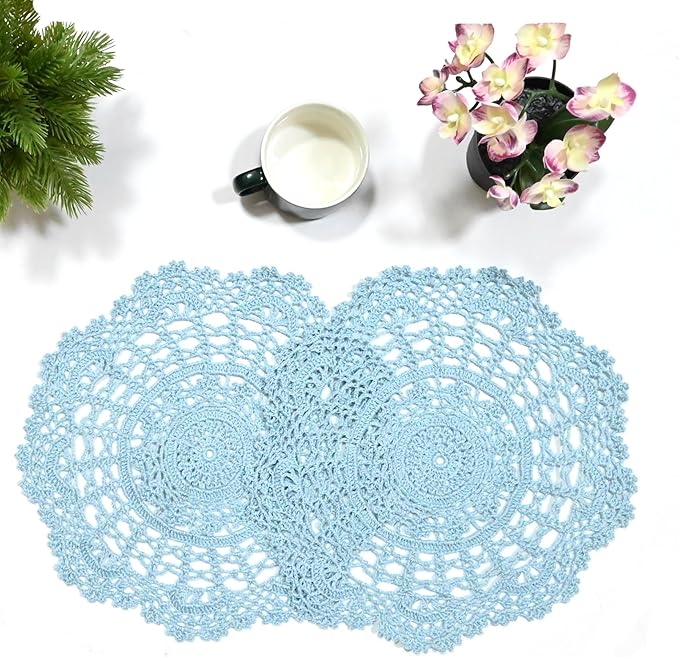 BIBITIME 2PCS Lace Table Doilies Kitchen Placemats Round Handmade Crochet Flower Cup Mug Mat Doily (Light Blue, 13 inches to 14 inches,2PCS)