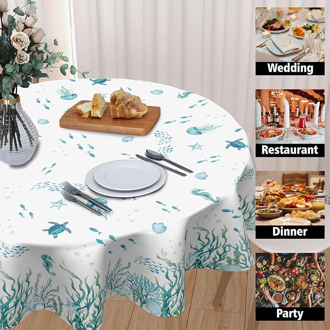 Summer Coastal Round Tablecloth 70 Inch Nautical Sea Turtle Seaweed Jellyfish Polyester Table Cloth Rustic Farmhouse Beach Theme Table Cover for Kitchen Dinner Party Decor