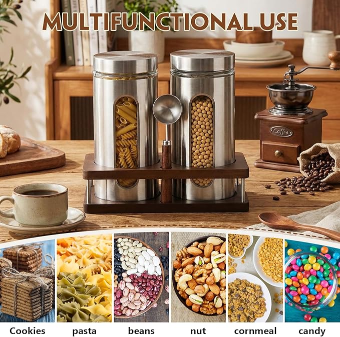 Suclain Stainless Steel Coffee Grounds Canisters with Shelf 2 x 50oz Sugar Coffee Bean Storage Container with Airtight Threaded Lid Glass Window Scoop Kitchen Jar Set for Bar Creamer Nut Tea
