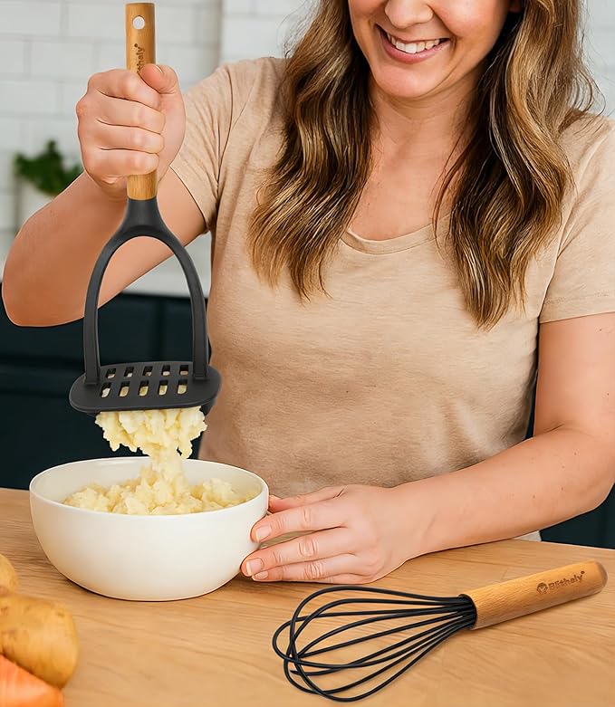 Large Silicone Cooking Utensils Set, 10Pcs Nonstick Kitchen Utensil Set with Wooden Handle, Heat Resistant Silicone Utensils for Cooking, BPA Free Spatula Set with Turners Spoon Ladle Skimmer(Black)