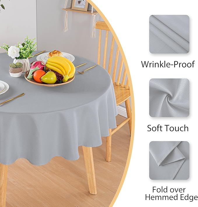 Hiasan Round Textured Tablecloth 60 Inch - Waterproof Spillproof Antiwrinkle Jacquard Table Cloth, Decorative Polyester Table Cover for Kitchen, Outdoor Picnic, Holiday and Parties, Silver Grey