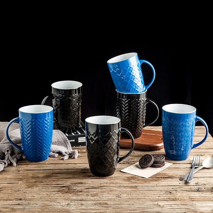 AmorArc Large Coffee Mugs Set of 6, 20oz Ceramic Tall Coffee Mugs Set with Textured Geometric Patterns for Latte/Tea/Beer/Hot Cocoa, Dishwasher & Microwave Safe, Multi