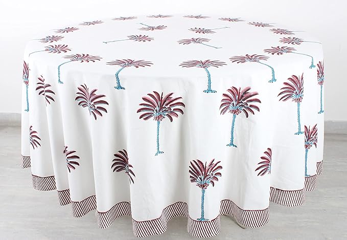 Ridhi Block Print Round Red Palm Reusable Tablecloth 100% Cotton 110" Inch Decorative Table Cover eveyday Dining, Home, Party, Wedding, Farmhouse Gift for Spring, Easter, Valentine