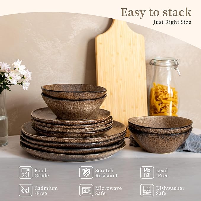 12PCS Stoneware Dinnerware Sets, Plates and Bowls Dish Set for 4, Irregular Vintage Handmade Dinner Ware Dishware for Kitchen Dinning, Microwave & Dishwasher Safe, Brown