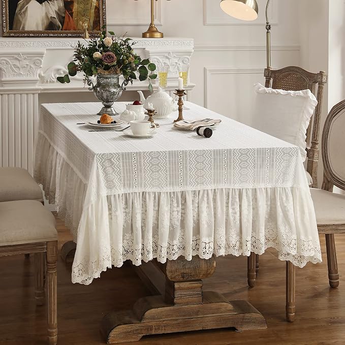patdrea Vintage White Lace Tablecloth,Design Embroidered Cotton Ruffle Table Cloth for Rectangle Table,Elegant Rustic Fabric Decorations for Wedding Party Thanksgiving Christmas 67"*118"