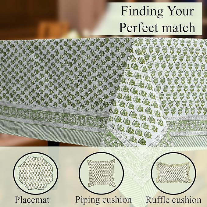 CPC Tablecloth 100% Cotton 72x140 Inch Indian Block Print Rectangle Table Cover, Green Table Cloth for Weddings, Spring/Summer, Barbeque - Emerald Green