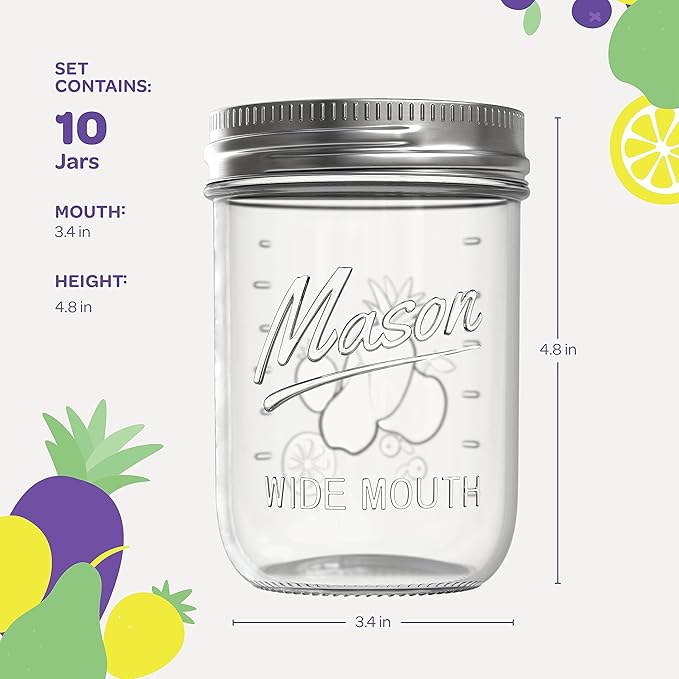 SEWANTA Wide Mouth Mason Jars 16 oz [10 Pack] With mason jar lids and Bands, mason jars 16 oz - For Canning, Fermenting, Pickling - Jar Décor - Microwave/Freeze/Dishwasher Safe.