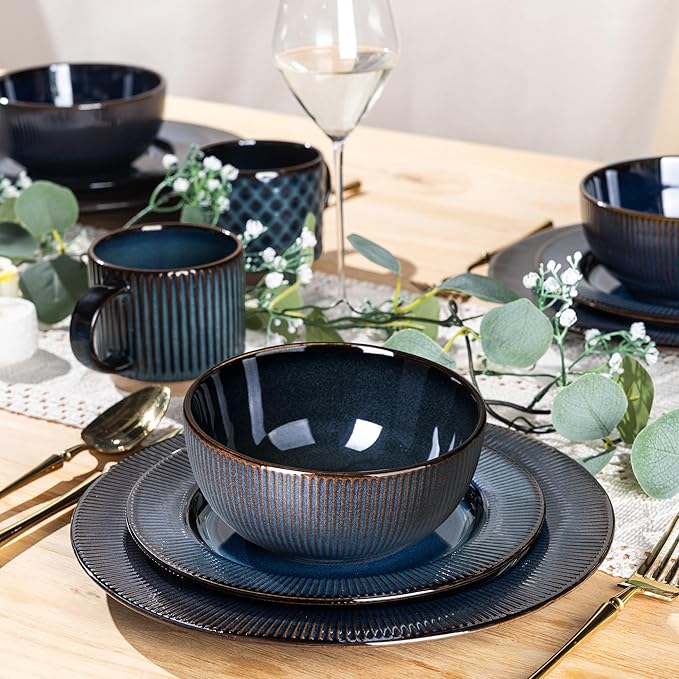 GBHOME Ceramic Dinnerware Sets,12 pcs Embossed Elegant Stoneware Plates and Bowls Sets, Housewarming Wedding Gift | Dishwasher & Microwave Safe | Dishes Set Service for 4