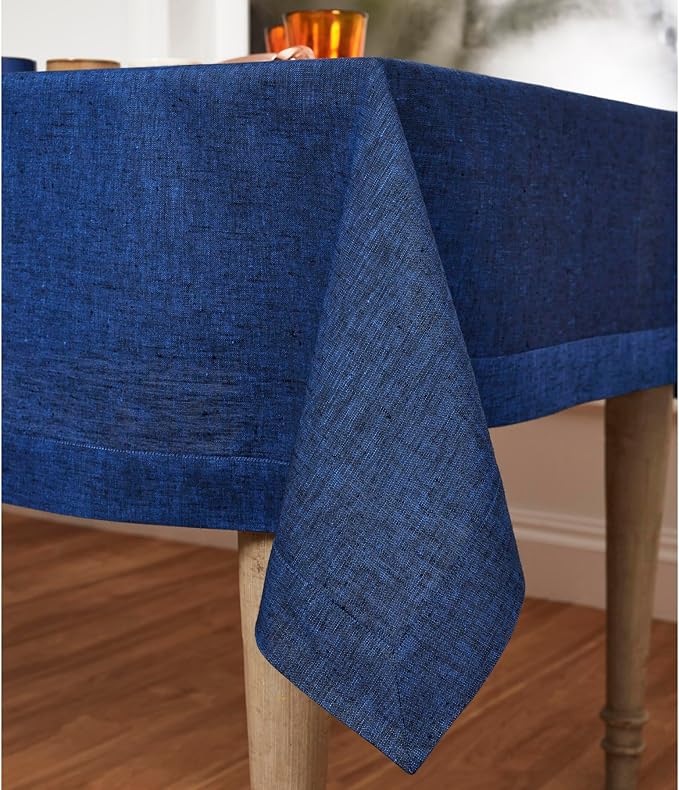 Solino Home Linen Tablecloth 60 x 90 Inch - 100% Pure Linen Royal Blue Table Cloth for Rectangular Tables - Athena, Machine Washable Cloth Tablecloth