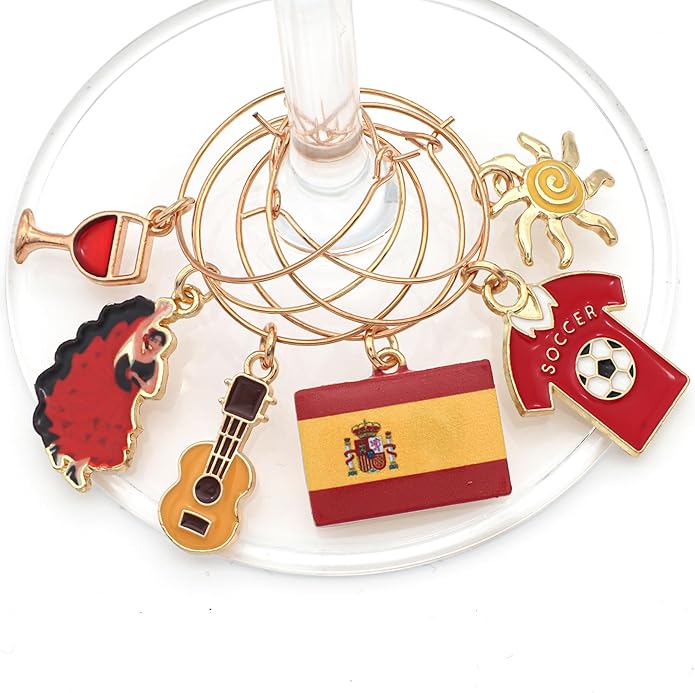 Serendipity Spain Wine Charms, Spanish Gift, Spain Table Decor, Set Includes 6 charms: Flamenco Dancer, Soccer, Spain Flag, Wine Glass, Sun and Guitar, Spain Themed Party Decoration