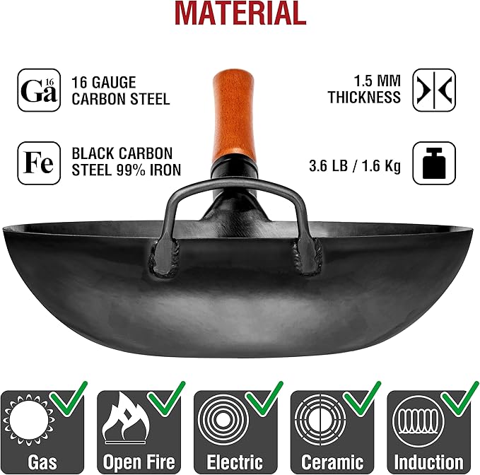 YOSUKATA Carbon Steel Wok Pan – 13,5 “ Stir Fry Pans with Flat Bottom + Wooden Wok Lid 13.5 in with Ergonomic Handle + 17" Spatula and Ladle and Turner