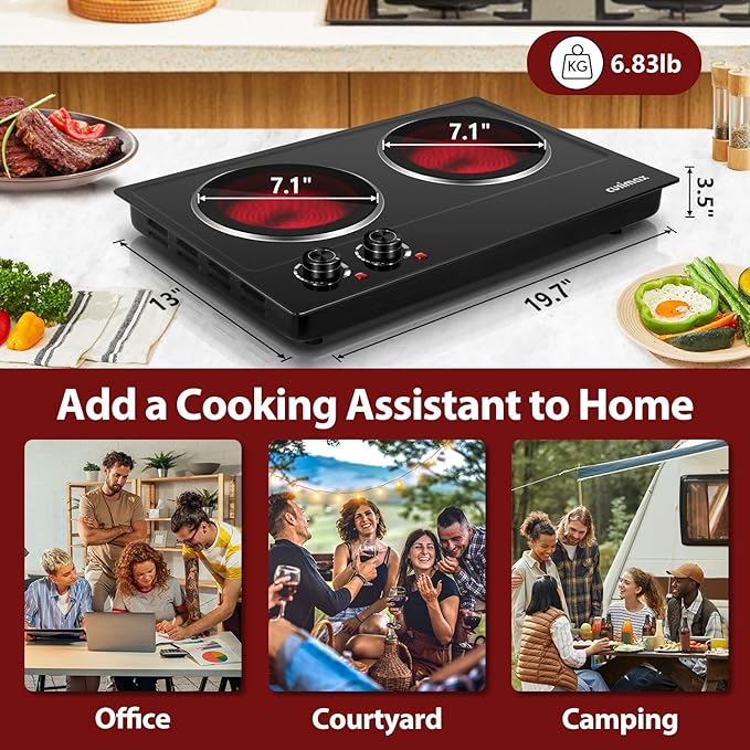 CUSIMAX Double Burner, 1800W Ceramic Electric Hot Plate for Cooking, Dual Control Infrared Cooktop, Portable Countertop Burner, Glass Plate Electric Cooktop, Stainless Steel Black