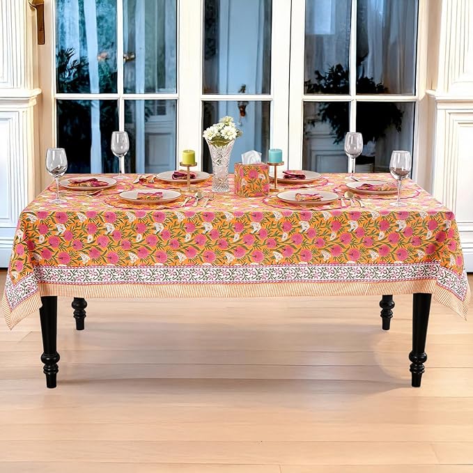 Ridhi Hand Block Print Bubblegum Pink Rectangle Cotton Tablecloth 108" x 70" Reusable Table Cover Decorative Everyday Use for Dining, Farmhouse, Home Gift for Spring, Easter, Valentine