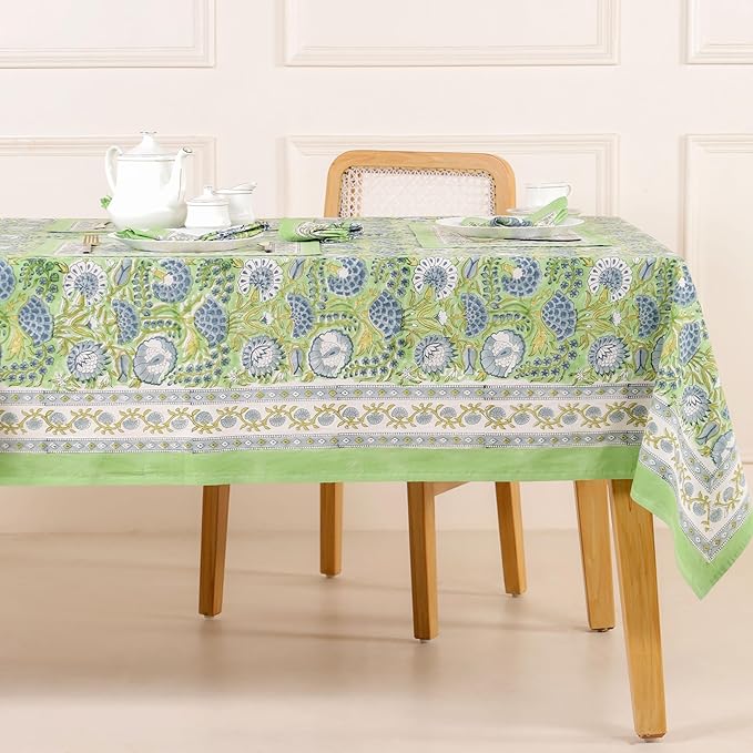 Hand Block Printed Table Cover - Exquisite Design, Premium Cotton Fabric, Perfect for Dining and Decor, Dining Table Linen(Asparagus Green,14 Seater 72 x 160 Inches Rectangle)