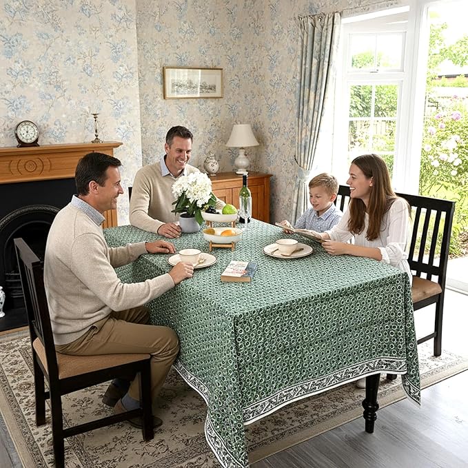 Ridhi Hand Block Print Basil Green Rectangle Cotton Tablecloth 118" x 70" Reusable Table Cover Decorative Everyday Use for Dining, Farmhouse, Home Gift for Spring, Easter, Valentine