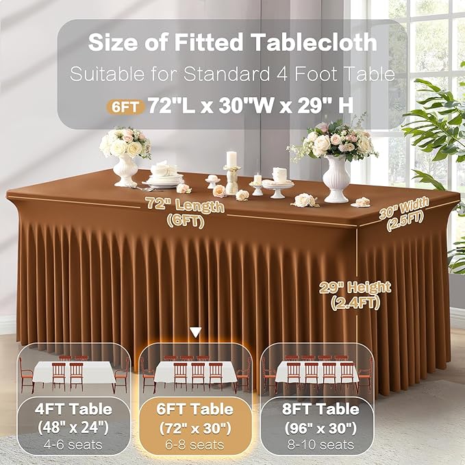 6 Packs Brown Spandex Tableclothes for 6 Foot Rectangle Table, Spandex Table Covers 6FT Stretch Table Skirts Wrinkle Free Fitted Table Cloth for Event, Wedding, Banquet & Parties