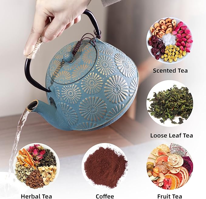 Cast Iron Teapot, 40oz Tea Kettle with Infuser for Stove Top, Sakura Design Japanese Tea Pot for Loose Leaf Coated with Enameled Interior, 1200ml Green