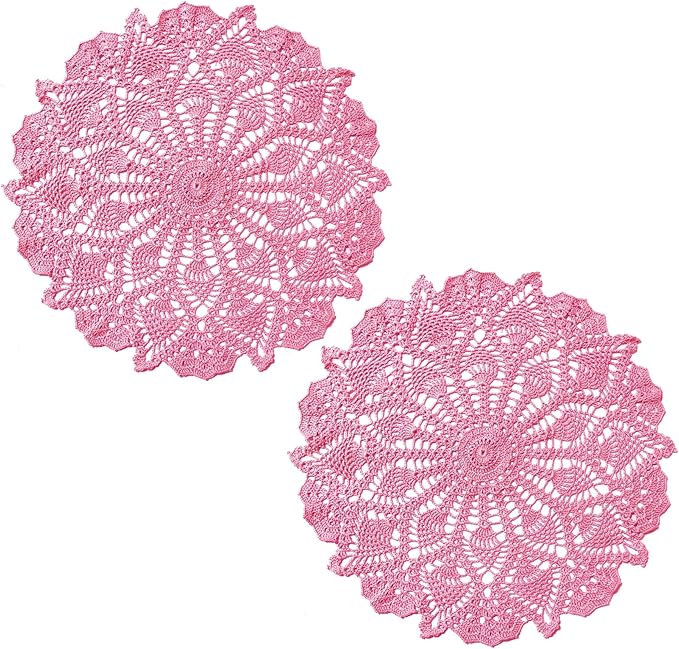 BIBITIME Lace Tablecloth Doily Handmade Crochet Placemat Women Vase Mat Kitchen Table Runner (2PCS- 18 in to 20 in, Pink)