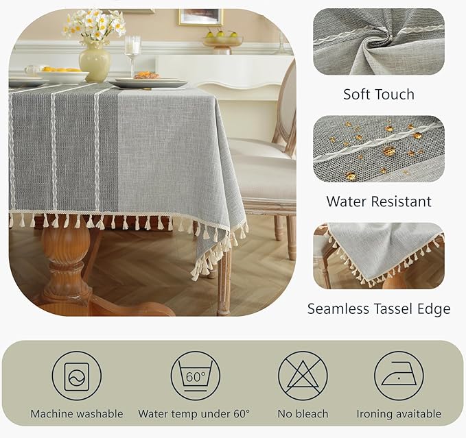 Alsoo Waterproof Rectangle Tablecloth Rustic Table Cloth Cotton Linen Wrinkle Free Tablecloths for Kitchen Dining, Party, Holiday, Christmas, Grey Lines (8-10 Seats, 55"x106")