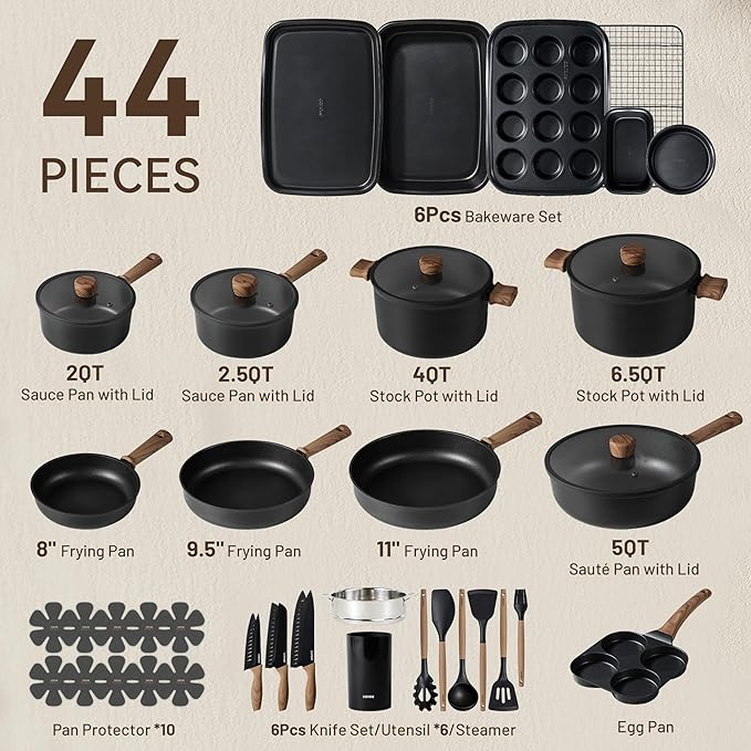 CAROTE 44pcs Nonstick Kitchen Titanium Cookware Sets, Nonstick Pots and Pans, Induction Cookware Set Kitchen Cooking Sets, Non Stick w/Frying Pan,Black