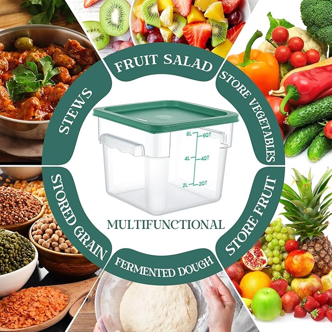 3 Sets 6 Qt Square Food Storage Containers with Lids Dough Proofing Bucket Commercial Polycarbonate Containers with Scale Clear Airtight Cereal for Pantry Home Restaurant (Green)