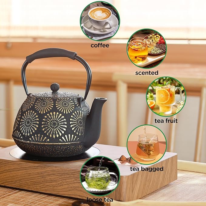 Cast Iron Teapot, 40oz Tea Kettle with Infuser for Stove Top, Sakura Design Japanese Tea Pot for Loose Leaf Coated with Enameled Interior, Silicone Handle 1200ml Black