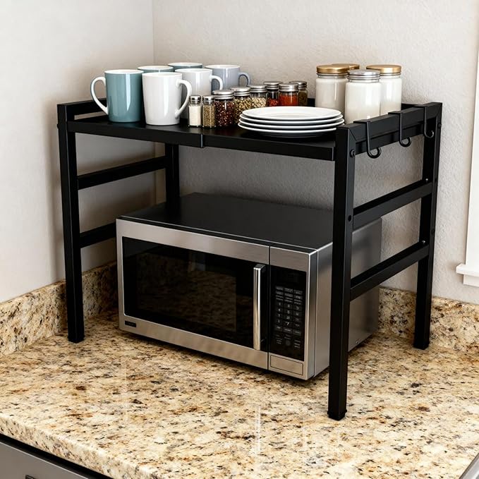 Microwave Oven Rack, Microwave Shelf Expandable Microwave Stand Countertop Kitchen Utensils, Bakers Rack, Carbon Steel Over Microwave Shelf Countertop with 6 Hooks (Black, 2 Tier)