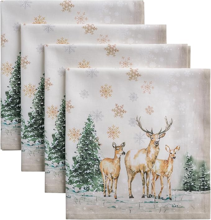 Maison d' Hermine Cloth Napkins Set of 4 100% Cotton for Thanksgiving Christmas Decorations Everyday Reusable Square Fall Napkins Cloth Washable Dinner Party (Deer in The Woods, 20"x20")