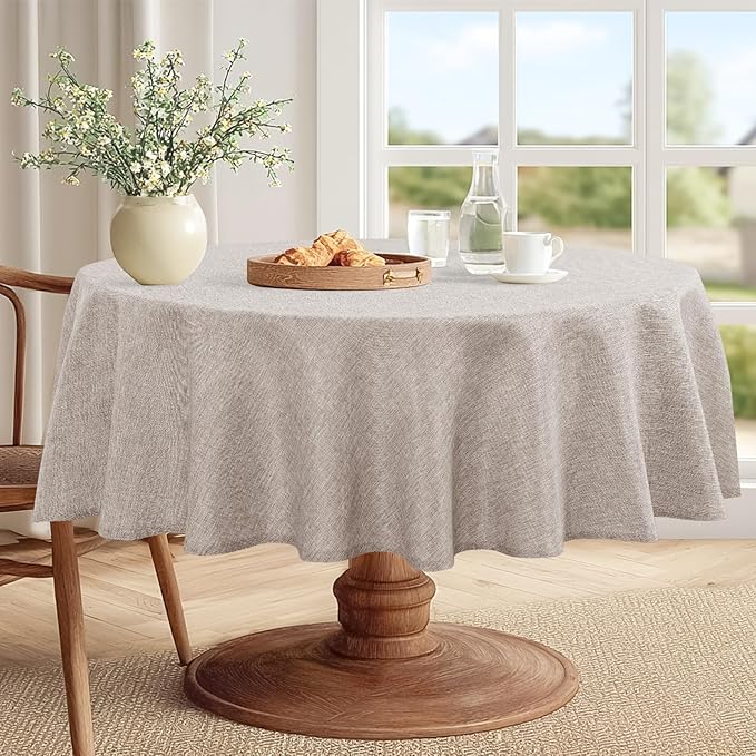 JIUZHEN Round Table Cloth Faux Linen Farmhouse Tablecloth Wrinkle & Stain Resistant Table Cover for Kitchen Dining, Holiday Party Dinner, Stone, 108 Inch Round
