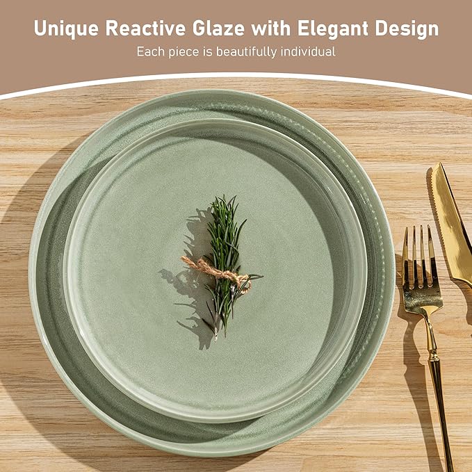 GBHOME 18-Piece Stoneware Dinnerware Set for 6 – Ribbed Ceramic Plates and Bowls, Scratch-Resistant, Microwave & Dishwasher Safe, Reactive Glaze, Light Green