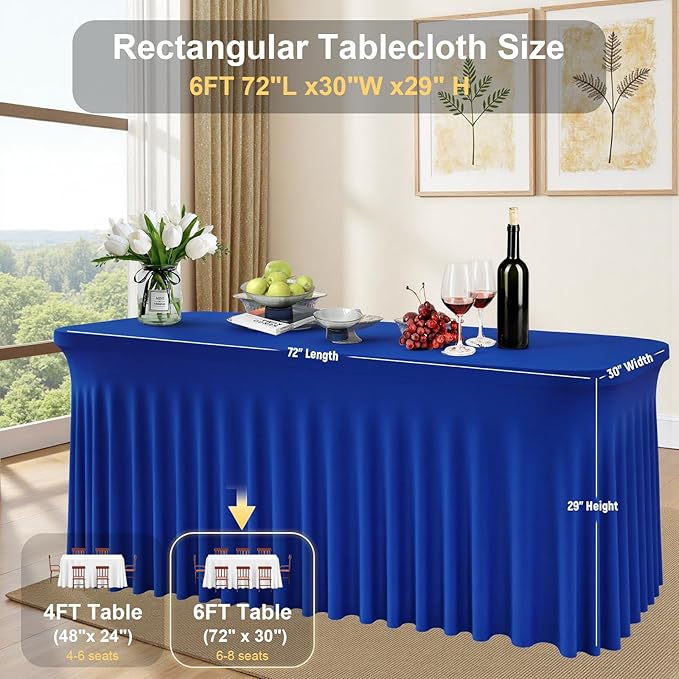 Royal Blue Spandex Tablecloths 6FT Rectangular Fitted Table Covers, Stretch Tablecloths for 6 Foot Tables Wrinkle Free Elastic Table Skirt for Graduation Party Wedding Banquet Buffet Events
