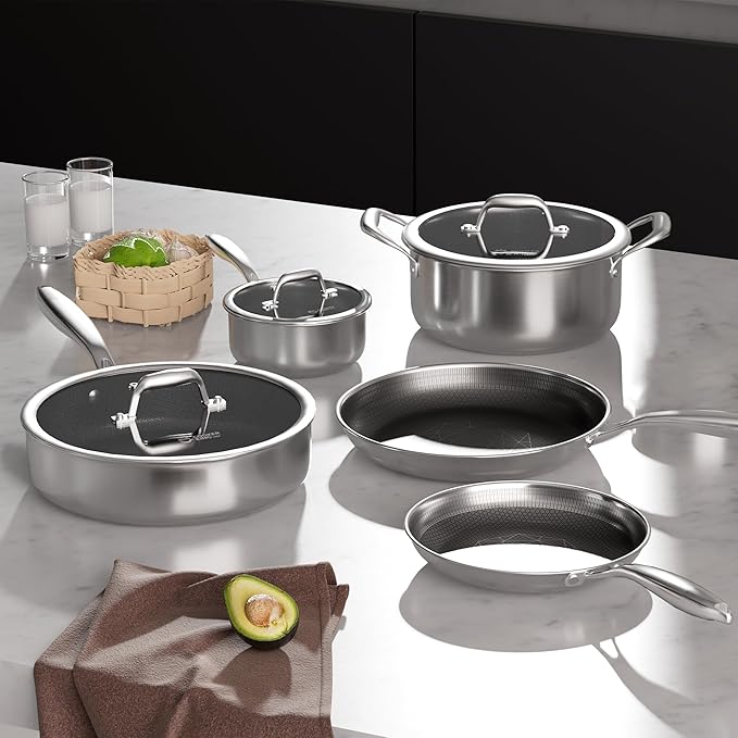 COOKER KING Stainless Steel Cookware Set, Pots and Pans Set Non Stick, Hybrid Ceramic Cookware,Non-Stick Frying Pans, Saucepan, Saute Pan & Stock Pot, Non-Toxic, Oven Safe, Induction Compatible