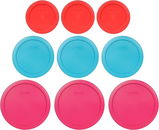Pyrex (3) 7200-PC 2-Cup Red, (3) 7201-PC 4-Cup Surf Blue, & (3) 7402-PC Fuchsia 6/7 Cup Food Storage Replacement Lids - Made in USA