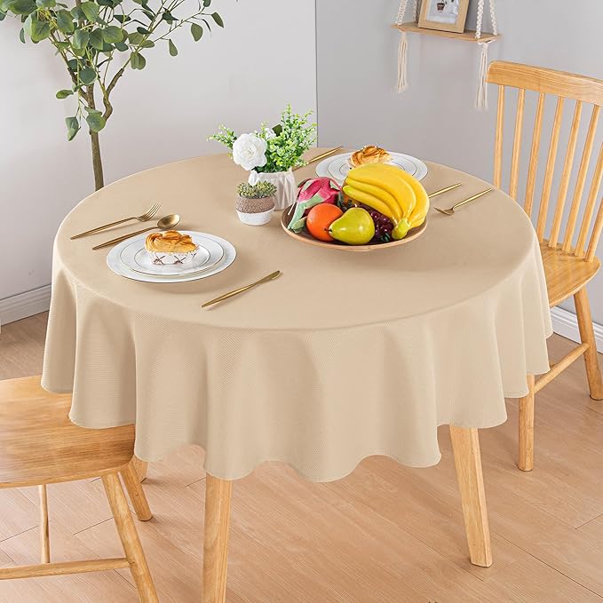 Hiasan Round Textured Tablecloth 50 Inch - Waterproof Spillproof Antiwrinkle Jacquard Table Cloth, Decorative Polyester Table Cover for Kitchen, Outdoor Picnic, Holiday and Parties, Beige