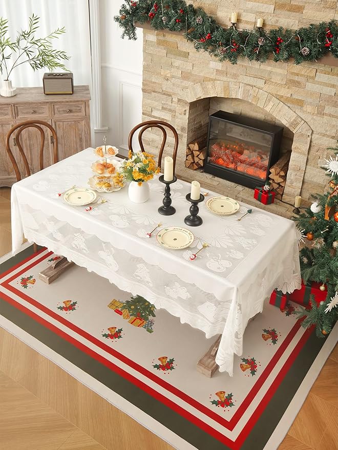 Jayla Christmas White Lace Tablecloth, Vintage White Lace Rectangular Tablecloth for Party Picnic Dinner Decor, 60 x 120 Inches