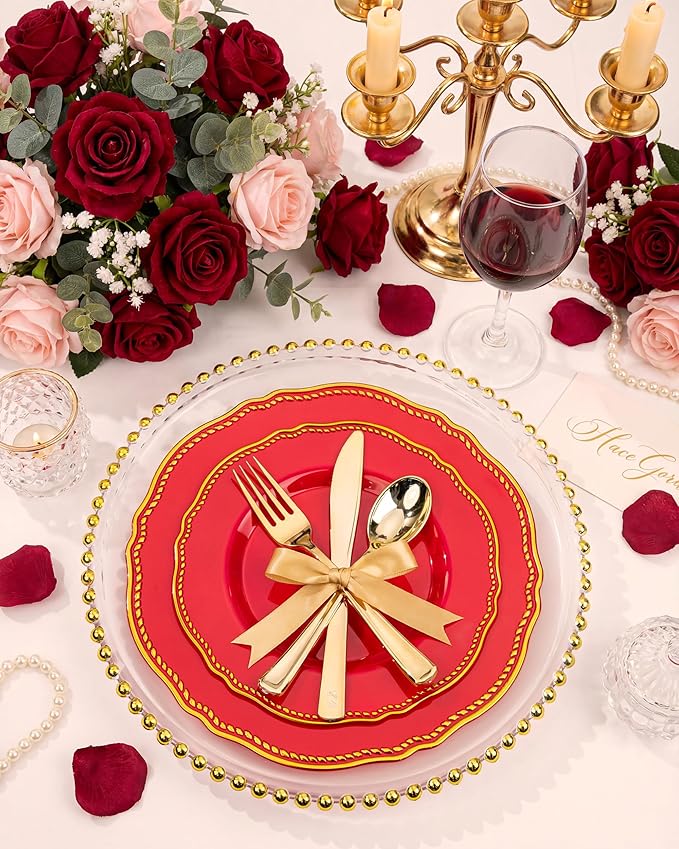 Hioasis 350pcs Red Gold Plastic Plates - Red Plastic Dinnerware Set Includes 50 Dinner Plates, 50 Dessert Dinnerware, 50 Cups, 50 Pre-rolled Napkins Perfect for Wedding & Party