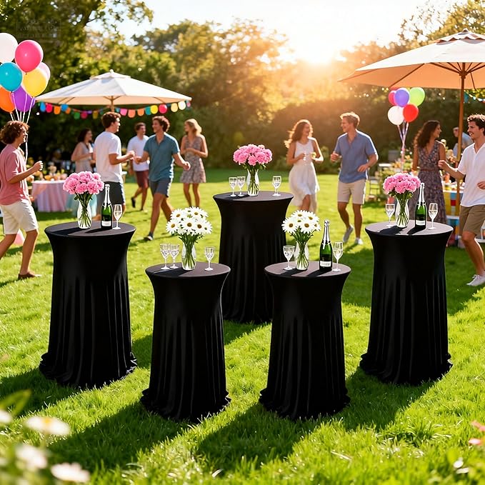 6 Pcs Black Spandex Stretch Round Cocktail Table Skirt, 32x43 Inch High Top Table Covers, Fitted Table Cloths for Wedding, Bar, Banquet, Party Decor & Event Supplies