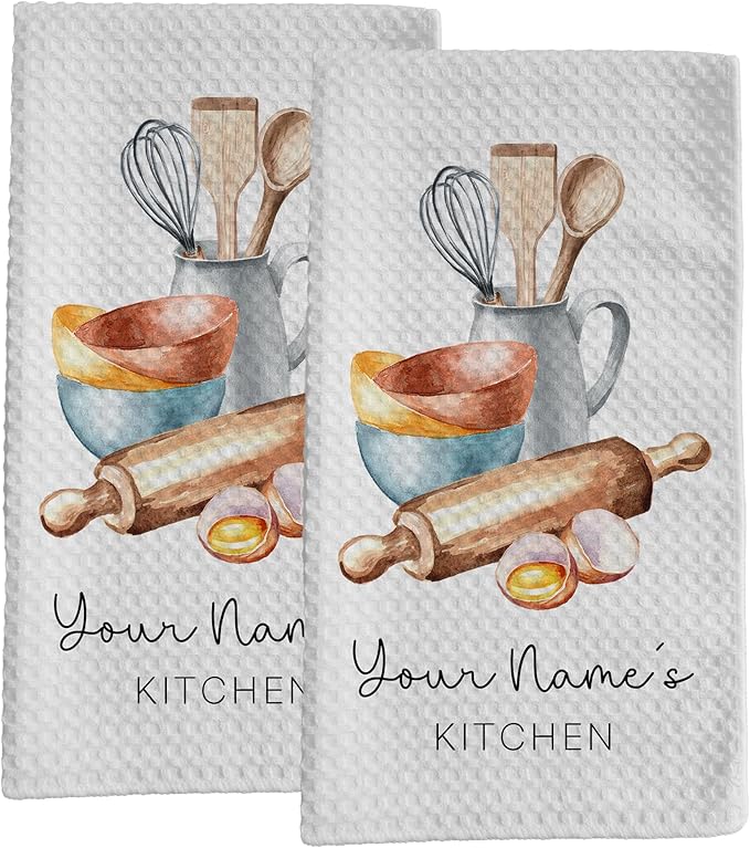 Personalized Kitchen Towel | Custom Tea Towel | Watercolor Utensil Dish Towel | Kitchen Decor | Hand Towel Gift Set | Waffle Weave Dishcloth (Pack of 2 Towels, Design 2)