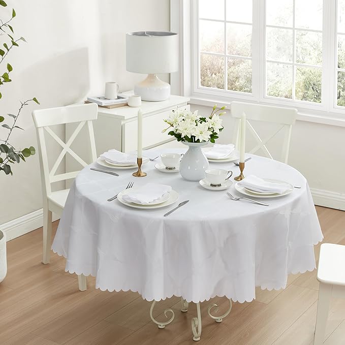 Newbridge Ribbons and Bows Damask Spring & Easter Holiday Fabric Tablecloth, White, 90 Inch Round, Wrinkle & Stain Resistant Table Cover