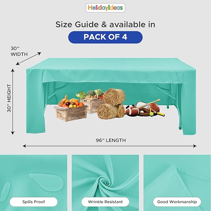 HolidayIdeas Open Back Fitted Tableclothss for 8 Foot Rectangle Table, Wrinkle Resistant Washable Table Covers 96x30 Inch for Craft Fairs, Banquets, Baby Shower, Aqua,4 Pcs