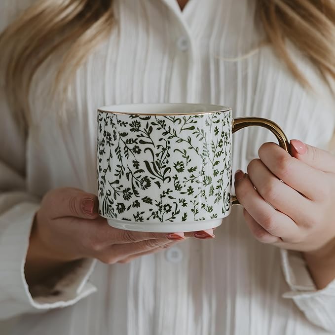 Sweet Water Decor Green Ditsy Coffee Mug, Vintage Green Floral Design with Gold Handle & Rim, 14oz Fine Bone China Tea Cup, Cottage Core Spring Collection, Cute Gifts for Mother's Day & Birthday