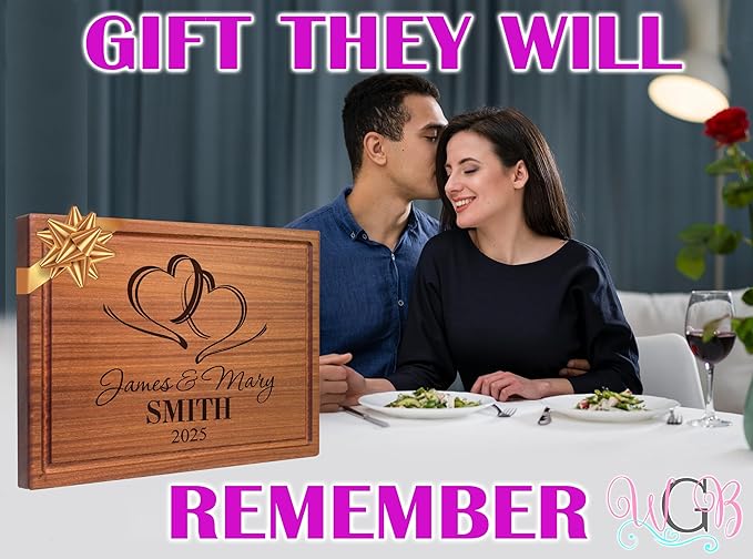 Personalized Cutting Board, Custom Wedding, Anniversary or Housewarming Gift Idea, Wood Engraved Charcuterie, for Newlyweds and Couples, Two Hearts Design 027